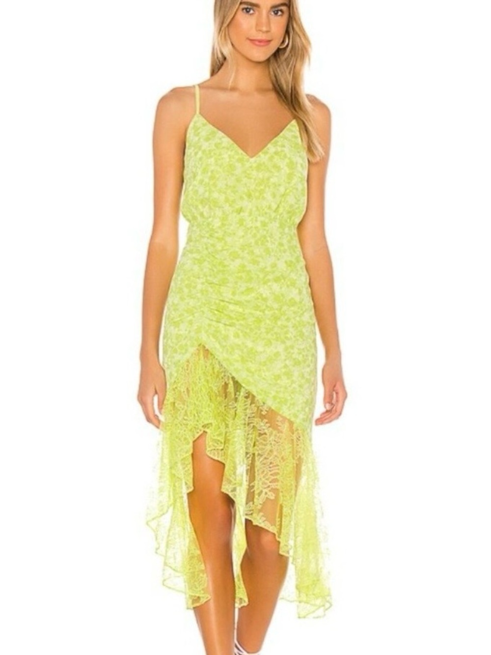 Lovers + Friends Neon Lime Lace High-Low Slip Dress